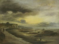 Lot 438 - J Wilton...(?) (late 19th century)
A COASTAL SCENE AT DUSK WITH FIGURES ON A QUAY
Indistinctly signed and dated l.l.