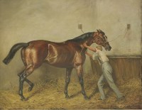 Lot 406 - Allen Culpepper Sealy (1850-1927)
'GONSALVO' - A BAY RACEHORSE IN A STABLE