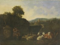 Lot 378 - Follower of Dirck van Bergen
A LANDSCAPE WITH CATTLE AND GOATS AND A GOATHERD PLAYING A PIPE
Oil on canvas
50 x 64cm