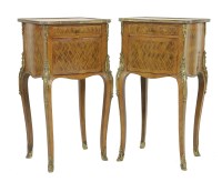 Lot 559 - A pair of Louis XV design parquetry bedside cabinets