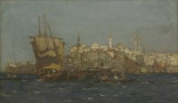 Lot 465 - Circle of Sir Frank Brangwyn RA RWS (1867-1956)
SHIPPING ON THE BOSPHORUS WITH A VIEW OF ISTANBUL
Oil on board
22 x 36cm