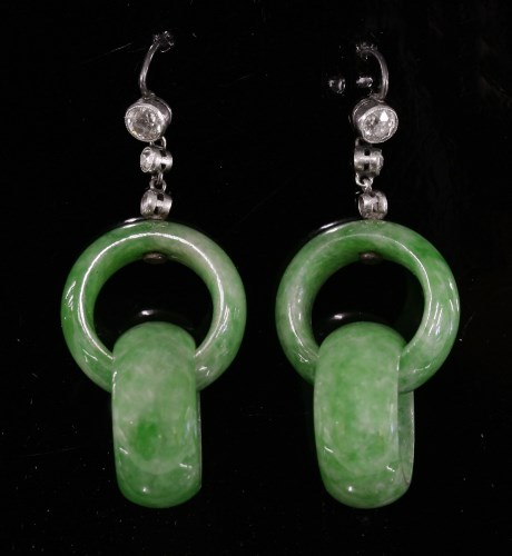 Lot 135 - A pair of Art Deco jade and diamond drop earrings