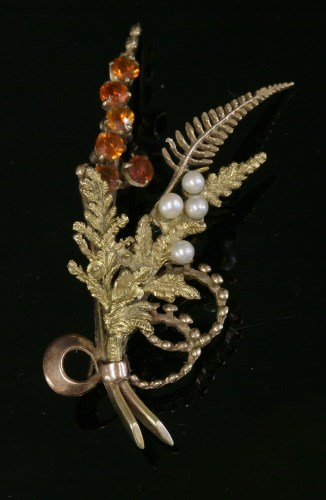 Lot 207 - A 9ct two-colour gold citrine and cultured pearl spray brooch
