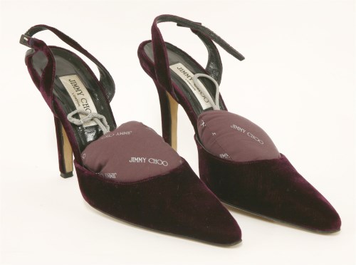 Lot 1418 - A pair of Jimmy Choo burgundy velvet high heel shoes