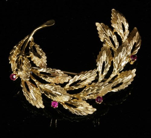 Lot 236 - A Continental 18ct gold synthetic ruby spray brooch