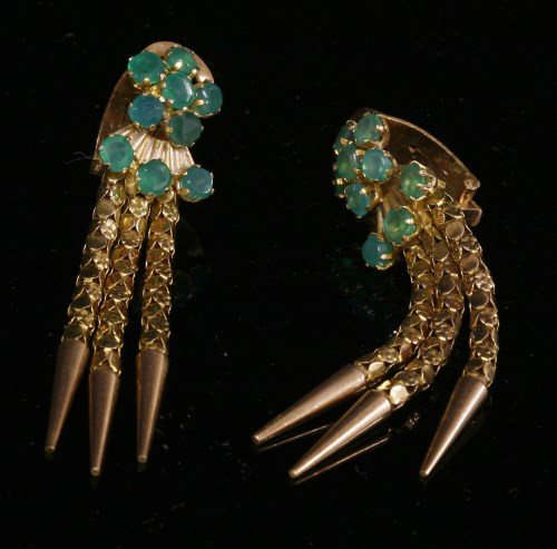 Lot 198 - A pair of Continental synthetic emerald cluster drop earrings