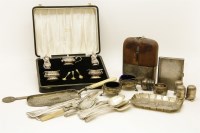 Lot 121 - A collection of silver to include a large silver hipflask (af) a napkin ring
