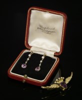 Lot 113 - A pair of cased pink sapphire and seed pearl drop earrings