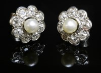 Lot 137 - A pair of cultured pearl and diamond daisy cluster earrings