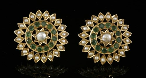 Lot 103 - A pair of Indian pearl and emerald starflower cluster earrings