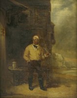 Lot 469 - Circle of Henry Perlee Parker (1795-1873)
A FISHERMAN HOLDING A CLAY PIPE OUTSIDE A TAVERN IN A COASTAL LANDSCAPE;
A MAN WITH A CLAY PIPE AT THE ENTRANCE OF A TAVERN
A pair