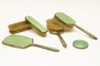 Lot 171 - A silver and green enamel five piece dressing table set and a similar compact