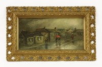 Lot 450 - FIGURES IN THE RAIN ON A VILLAGE STREET
Oil on canvas board
16 x 29cm