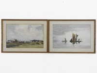 Lot 543 - Edward Wesson (1910-1983)
THAMES BARGES AT ANCHOR; 
VIEW OF A NORFOLK VILLAGE
Each signed and one dated '72
32 cm x 50 cm
gilt framed and glazed