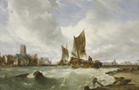 Lot 342 - Follower of William Clarkson Stanfield
FISHING BOATS IN AN ESTUARY OFF A TOWN
Bears signature and date