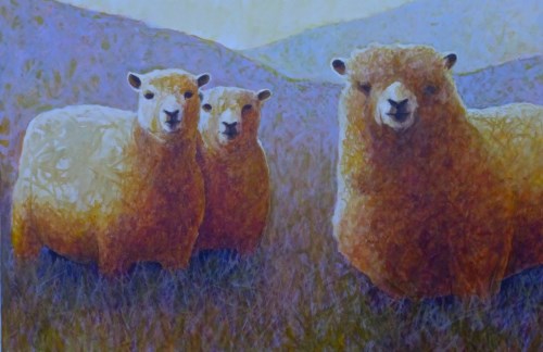 Lot 30 - Gerry Jones (b.1937)
THREE SOUTHDOWN SHEEP ON SOFT GREEN HILLS 
Acrylic on canvas	
51 x 76cm 

An ancient breed of sheep with cute teddy bear faces.