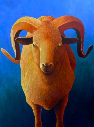 Lot 33 - Gerry Jones (b.1937)
'LONE MANX LOAGHTAN RAM ON BLUE AND GREEN'
Acrylic on canvas
102 x 76cm

A breed native to the Isle of Man.