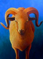 Lot 33 - Gerry Jones (b.1937)
'LONE MANX LOAGHTAN RAM ON BLUE AND GREEN'
Acrylic on canvas
102 x 76cm

A breed native to the Isle of Man.