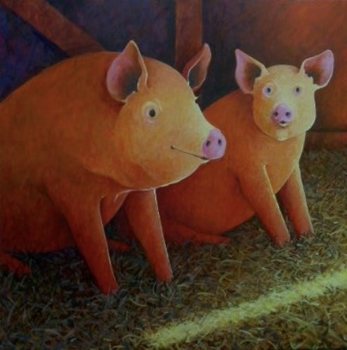 Lot 34 - Gerry Jones (b.1937)
'TWO PIGS IN A STY'
Acrylic on canvas 
71 x 71cm