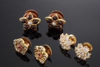 Lot 509 - Three pairs of Indian high carat gold cluster earrings