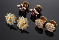 Lot 522 - Three pairs of Indian high carat gold cluster earrings