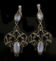 Lot 113 - A pair of sterling silver Arts and Crafts moonstone drop earrings