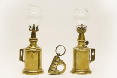 Lot 143 - Two late 19th century French brass oil pigeon lamps