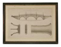 Lot 15 - After Robert Adam
GEOMETRICAL ELEVATION OF A BRIDGE TO BE BUILT OVER THE RIVER IN THE GARDEN AT SION
Engraving dated 1766
61 x 81cm