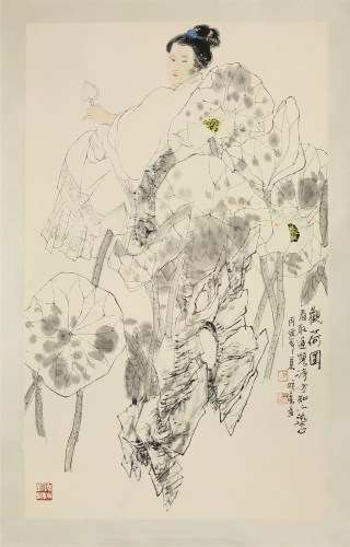 Lot 326 - Wang Mingming (b.1952) 
a painting of a lady watching lotus next to a pond
