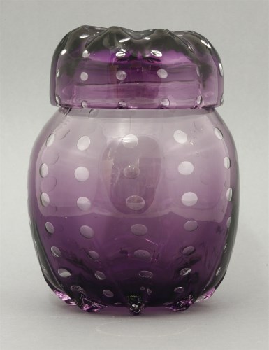 Lot 1110 - An Whitefriars amethyst glass jar and cover