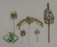 Lot 211 - Six gilt metal and kingfisher feather hair Ornaments