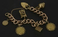 Lot 138 - A 9ct gold filed curb link bracelet with 9ct gold padlock and six charms