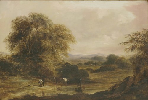 Lot 261 - Attributed to Benjamin Barker of Bath (1776-1838)
A WOODED LANDSCAPE WITH FIGURES AND CATTLE BY A LAKE
Oil on canvas
38 x 56cm