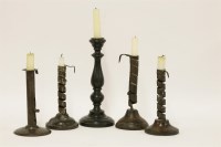 Lot 314 - Five iron and wood candlesticks
