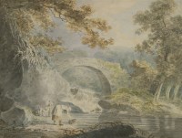 Lot 191 - William Payne (1760-1830) 
A RIVER LANDSCAPE WITH WOMEN COLLECTING WATER NEAR A BRIDGE AND WATERFALL
Signed l.l.