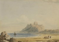 Lot 187 - John Varley OWS (1778-1842)
A DISTANT VIEW OF BAMBURGH CASTLE WITH FIGURES ON A BEACH IN THE FOREGROUND 
Watercolour 
13 x 18cm