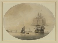 Lot 186 - Samuel Atkins (fl.1787-1808)
A BRITISH MAN-OF-WAR AND OTHER SHIPPING OFF THE COAST AT DUSK
Signed l.c.