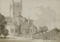 Lot 180 - Samuel Hieronymus Grimm (1733-1794) 
'EAST END OF TEWKESBURY ABBY' (sic)
Inscribed l.c.
