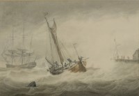 Lot 179 - Samuel Atkins (fl.1787-1808) 
A FISHING BOAT AND OTHER SHIPPING IN HEAVY SEAS OFF A JETTY
Signed l.l.