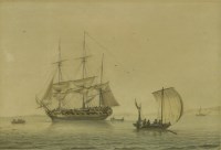 Lot 178 - Samuel Atkins (fl.1787-1808) 
A FRIGATE AT ANCHOR WITH FIGURES IN A ROWING BOAT
Signed l.r.