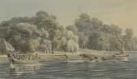 Lot 163 - Robert Cleveley (1747-1809) 
ON THE THAMES BY THE DUKE OF BUCCLEUCH'S GROUND 
Pencil and watercolour
12.4 x 19.5cm 

Provenance:  Taken from an album of the artist's work
