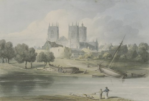 Lot 159 - John Preston Neale (1780-1847) 
BOATS AND FIGURES ON A RIVERBANK