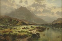 Lot 262 - Edgar Longstaffe (1852-1933)
A HIGHLAND LANDSCAPE WITH CATTLE BY A LOCH
Signed with monogram and dated 1892 l.l.