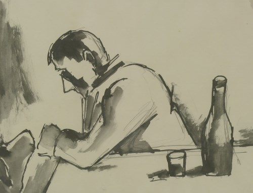 Lot 87 - Josef Herman RA (1911-2000)
'MAN AT A TABLE READING'
Pen and ink
19.5 x 24.5cm

Provenance: With Roland
