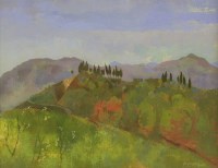 Lot 349 - Reginald Brill (1902-1974)
A MOUNTAIN LANDSCAPE WITH CYPRESS TREES