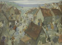 Lot 399 - Sibyl Milnes (b.1902)
FIGURES RUSHING THROUGH A COASTAL TOWN
Oil on board
92 x 127cm

*Artist's Resale Right may apply to this lot.