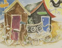 Lot 197 - Tessa Newcomb (b.1955)
A BICYCLE AND A BENCH OUTSIDE BEACH HUTS
Signed with initials l.r.