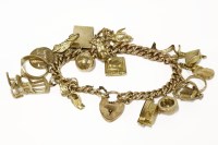 Lot 200 - A 9ct gold curb link bracelet with padlock and 19 assorted charms