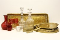 Lot 522 - A collection of various brass trays together with a small quantity of cranberry glass