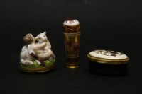 Lot 341 - A 19th century porcelain snuff box in the form of a cupid with a lamb